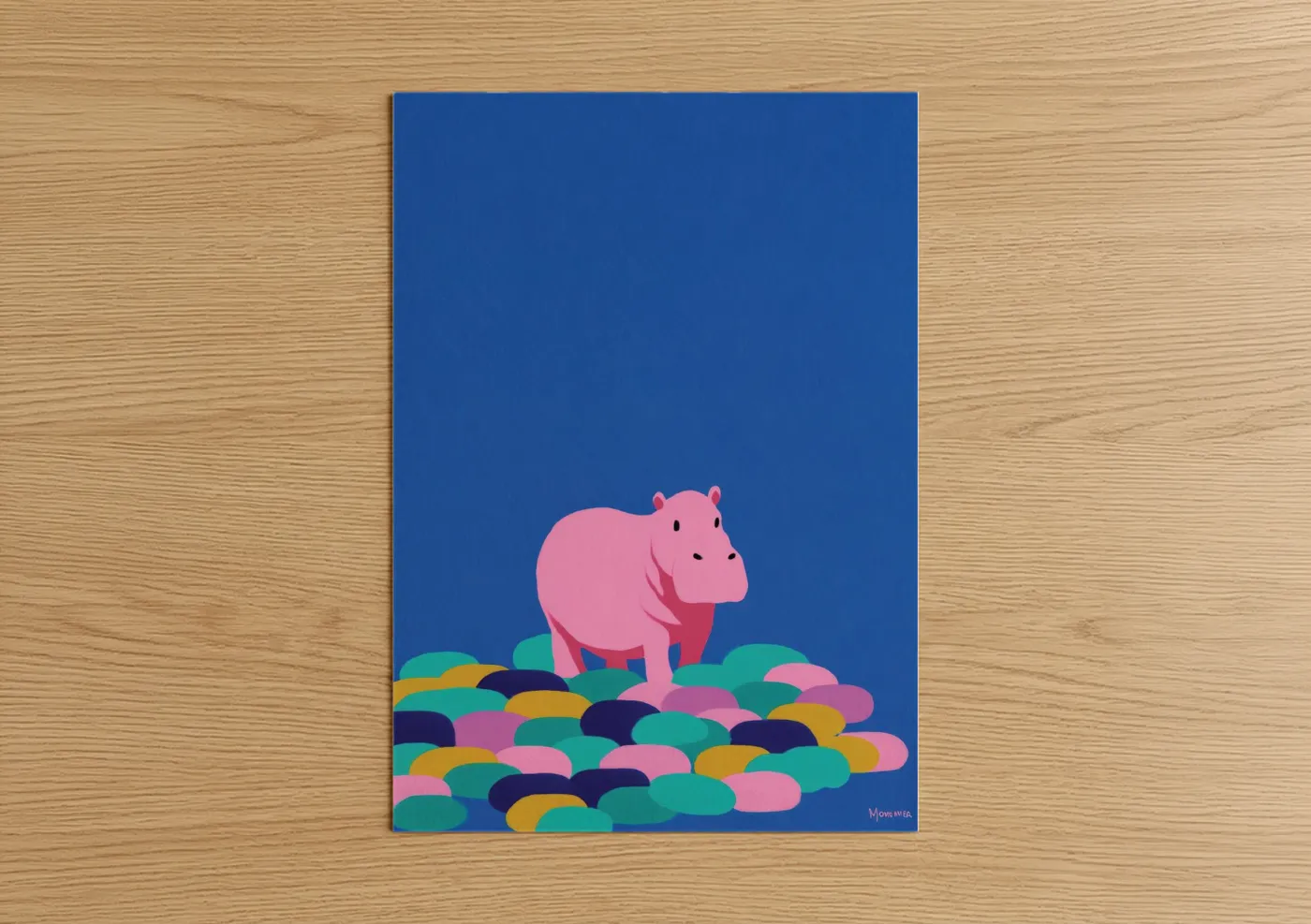 Colorful Pink Hippo Art Print Wall Art