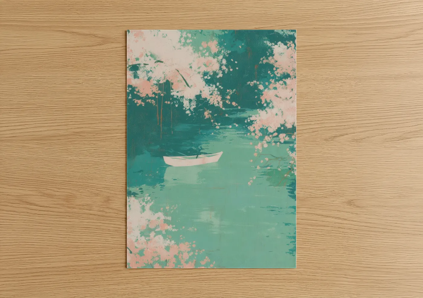 Canoeing and kayaking art print on warm oak wood — teal and salmon pink palette — Serene Kayak poster