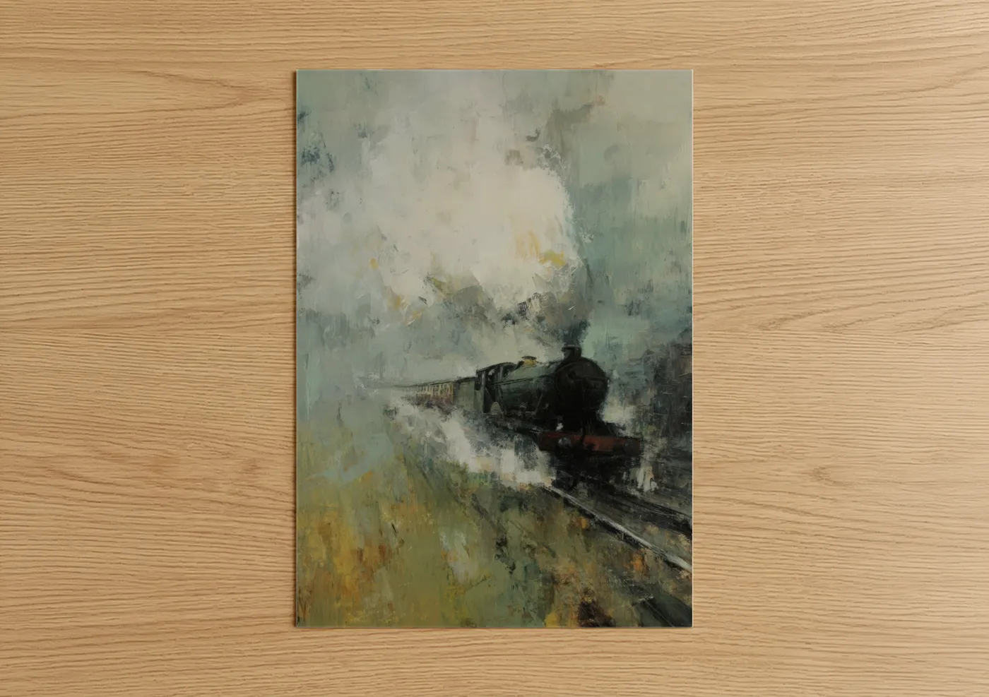 Train art print on warm oak wood — gray and cream palette — Misty Steam Engine poster