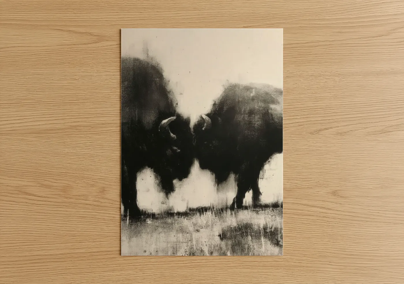 Art print on warm oak wood — black and white and gray palette — Misty Bison Pair poster
