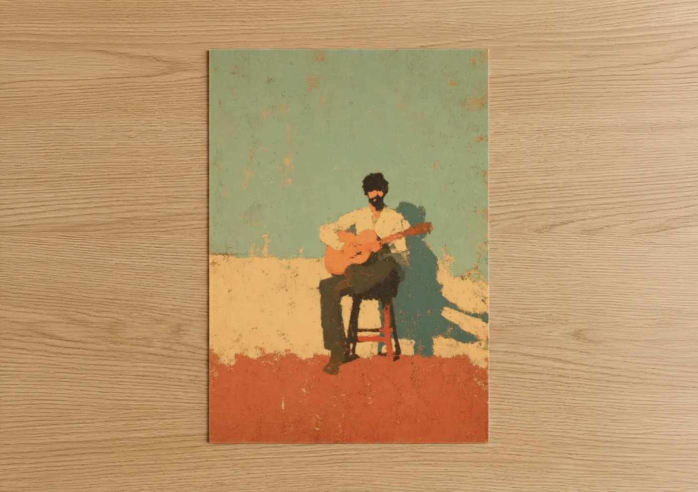 Musician art print on warm oak wood — light green and russet palette — Solitary Guitarist poster