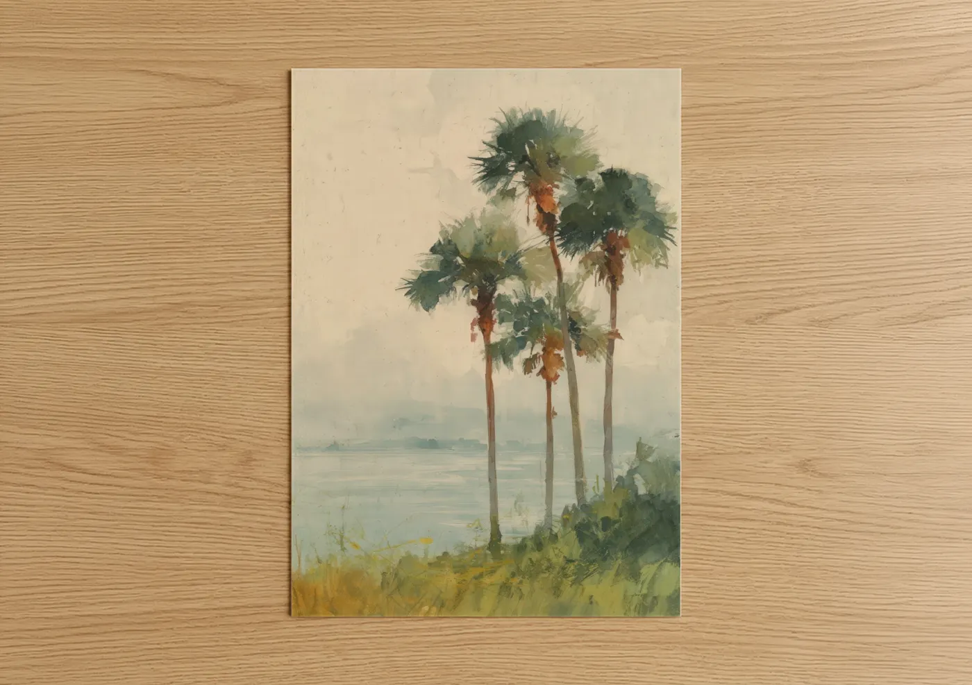 Tropical trees art print on warm oak wood — cream and sage green palette — Lakeside Palm Trees poster