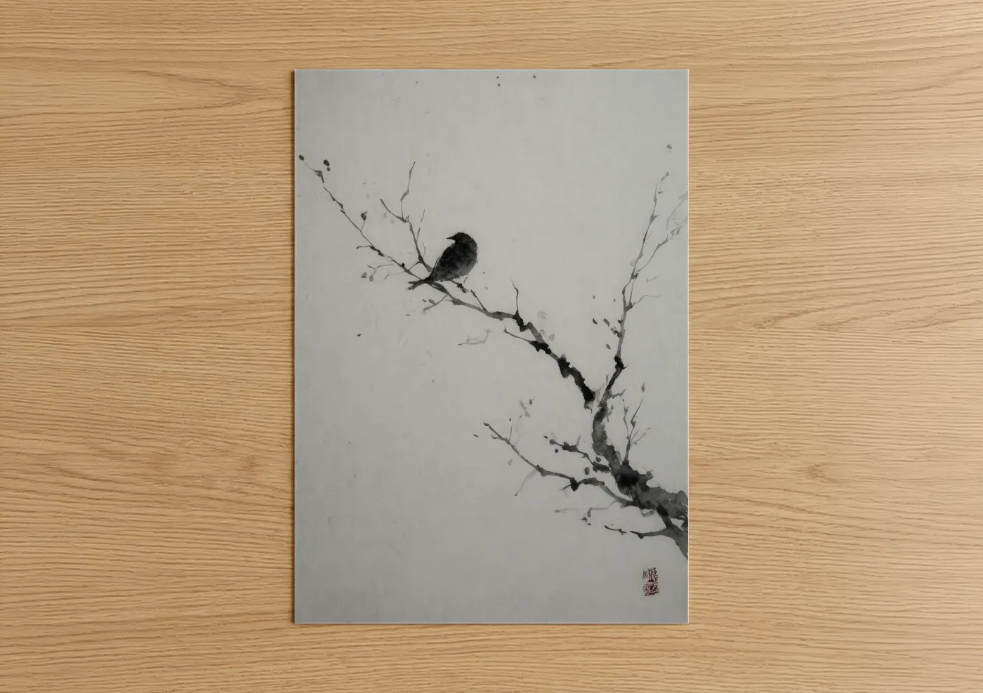 Solitary Birch Winter Ink Painting Wall Art