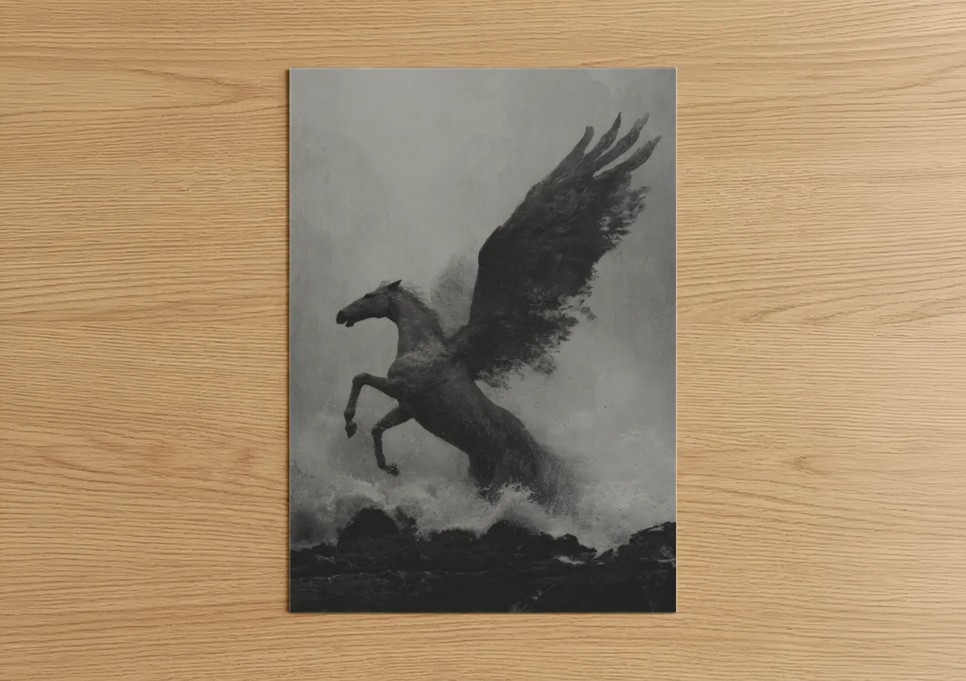 Art print on warm oak wood — black and gray palette — Stormy Pegasus poster
