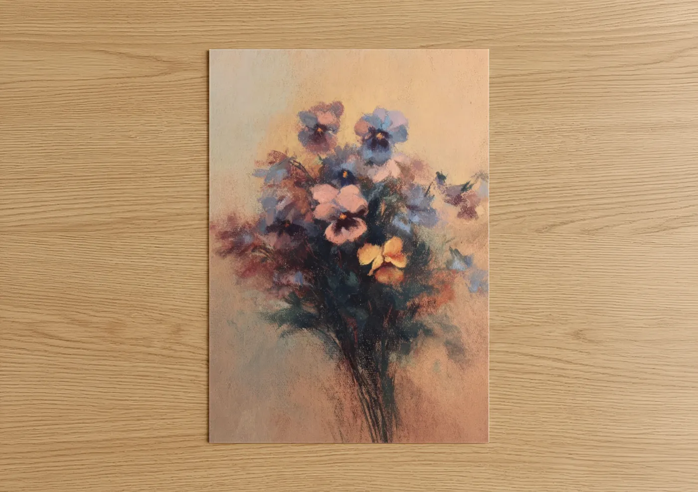 Art print on warm oak wood — lavender and peach palette — Romantic Violets poster