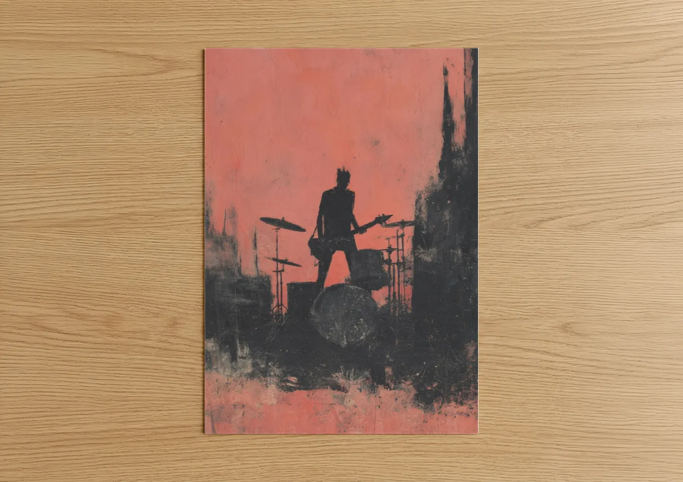 Art print on warm oak wood — salmon pink and black palette — Death Metal Drummer poster