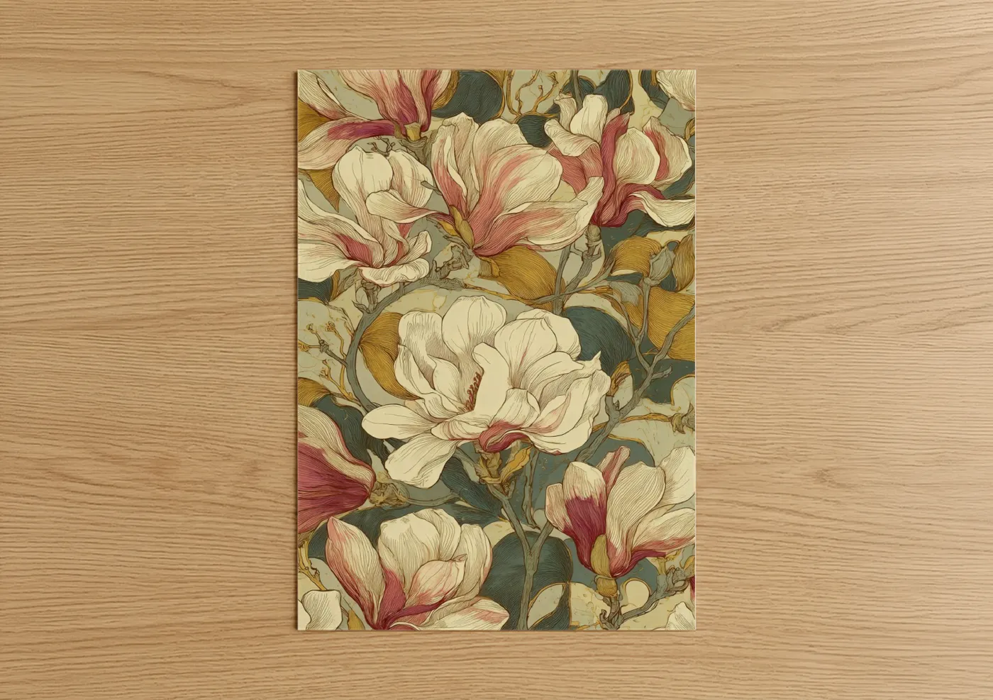 Art print on warm oak wood — cream and rose gold palette — Cream Magnolia Bloom poster