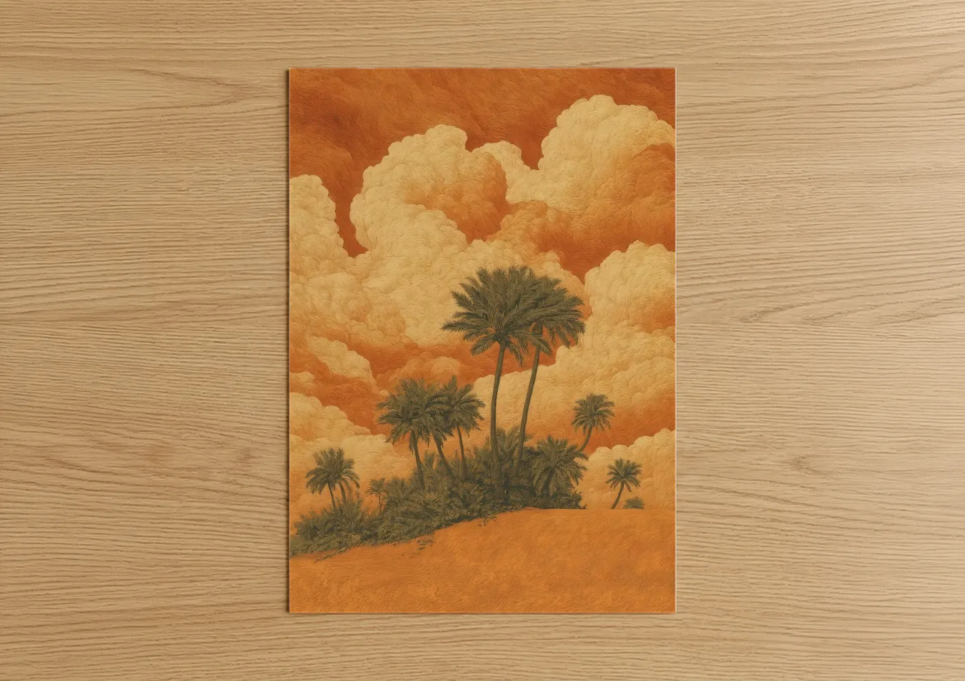Art print on warm oak wood — yellow gold and orange palette — Golden Oasis poster