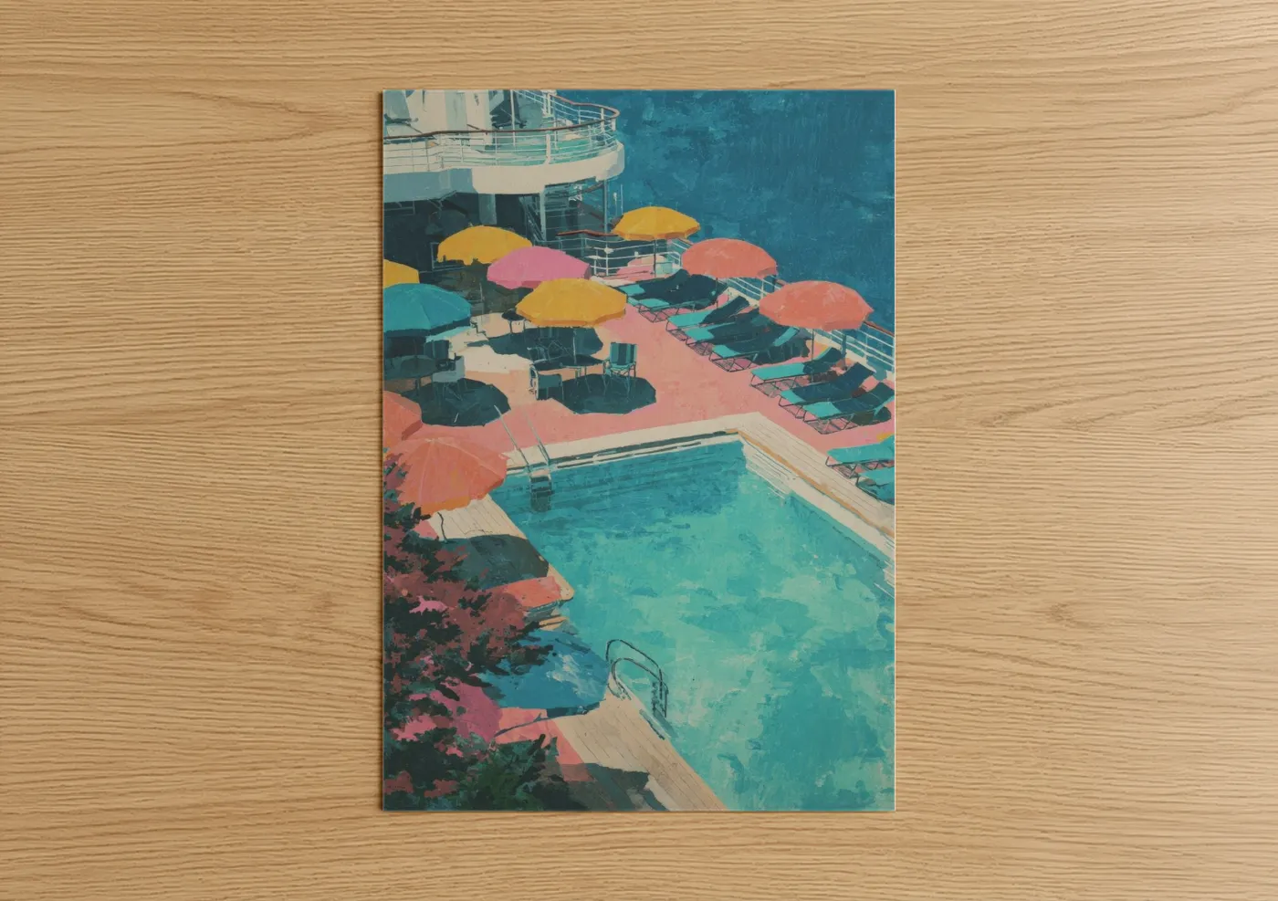 Cruise ship art print on warm oak wood — teal and salmon pink palette — Poolside Cruise Retreat poster