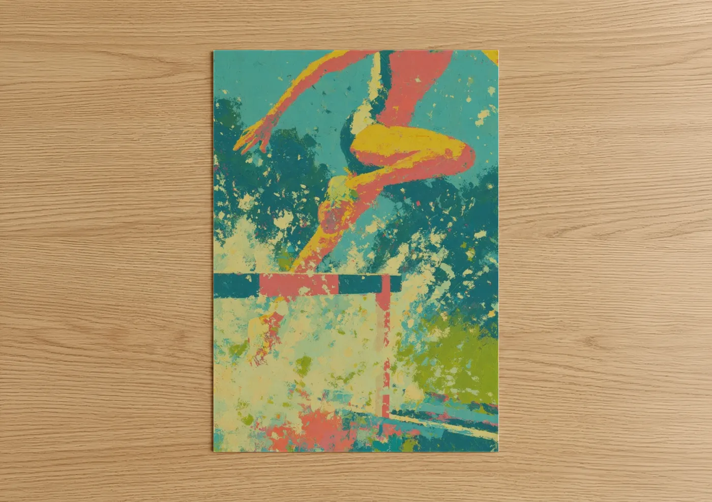 Track and field art print on warm oak wood — gold and teal palette — Vintage Track Sprint poster