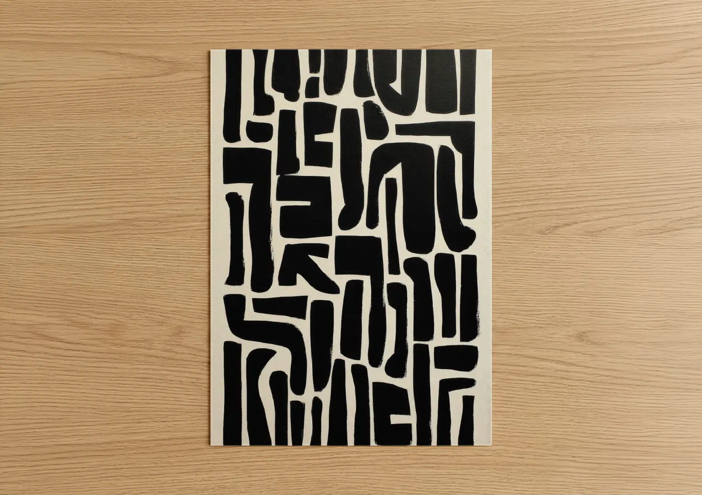 Abstract minimalist art print on warm oak wood — black and white palette — Geometric Abstractions poster