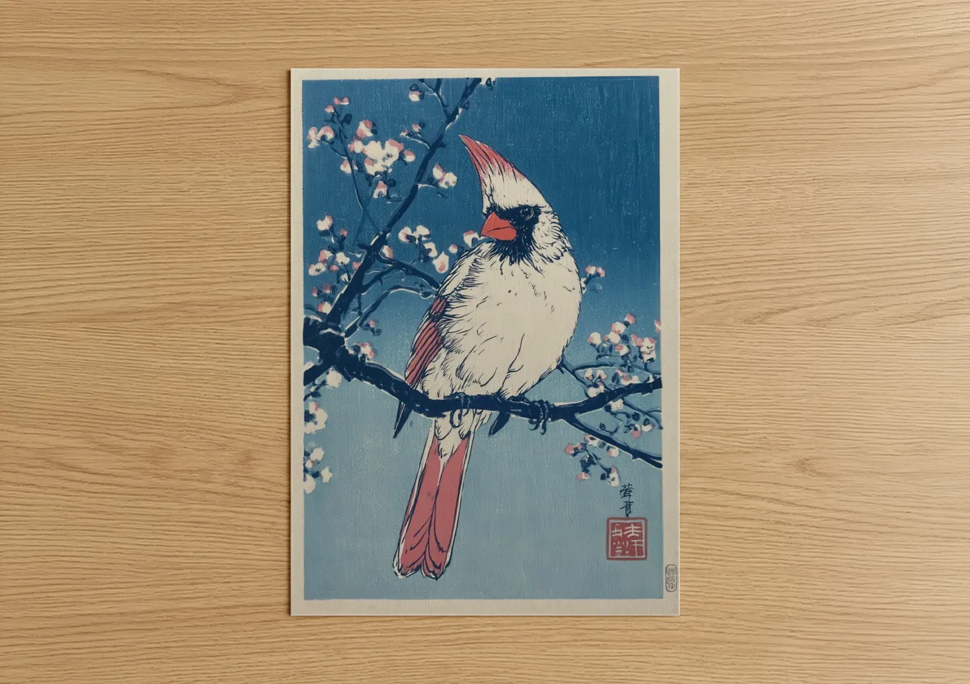 Snowy Cardinal Cherry Blossom Print Wall Art
