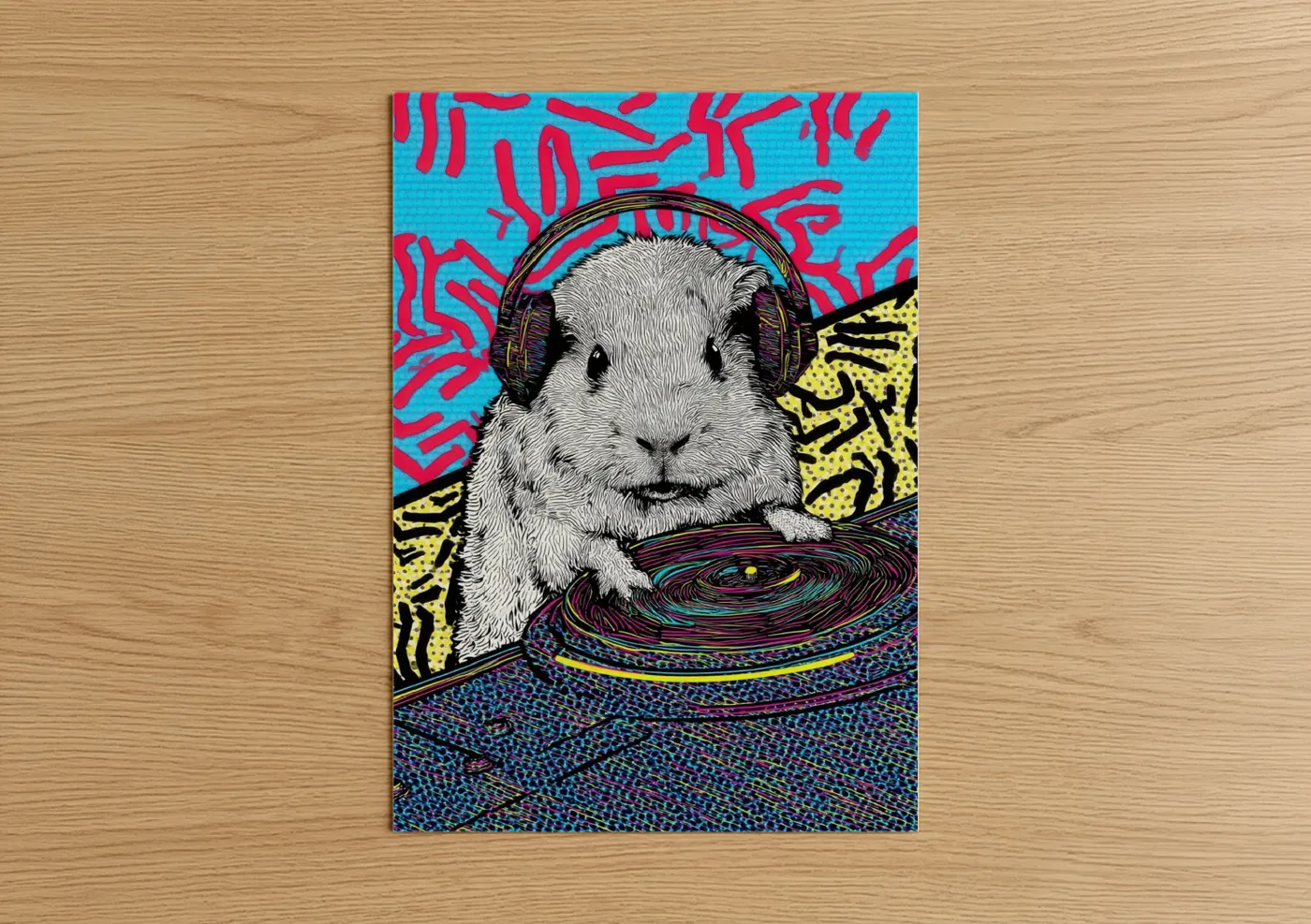 Art print on warm oak wood — blue and magenta palette — DJ Guinea Pig poster