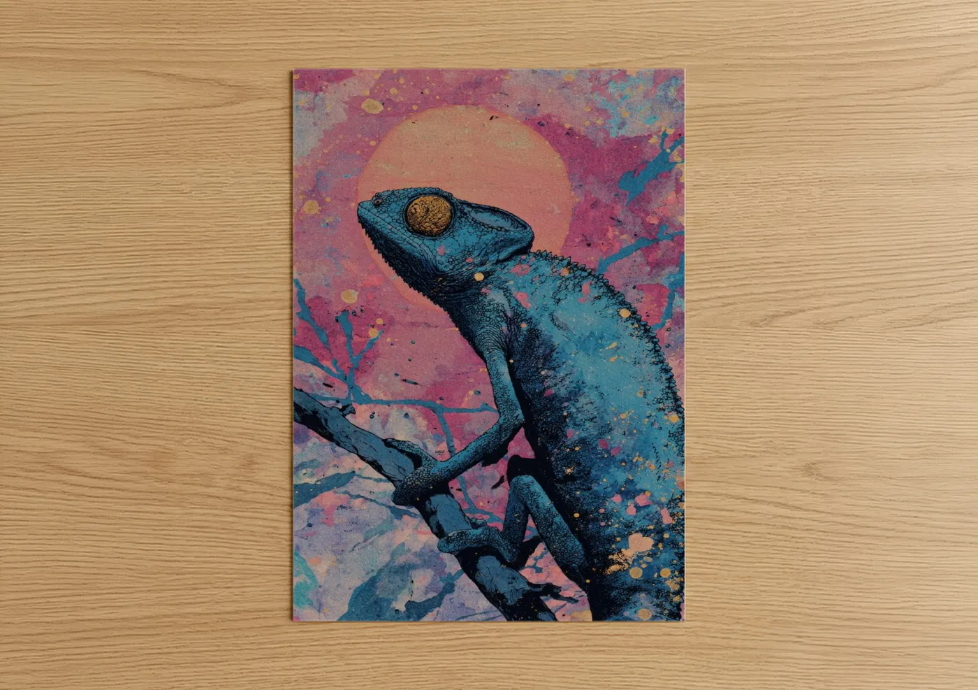 Art print on warm oak wood — magenta and gold palette — Cosmic Chameleon poster