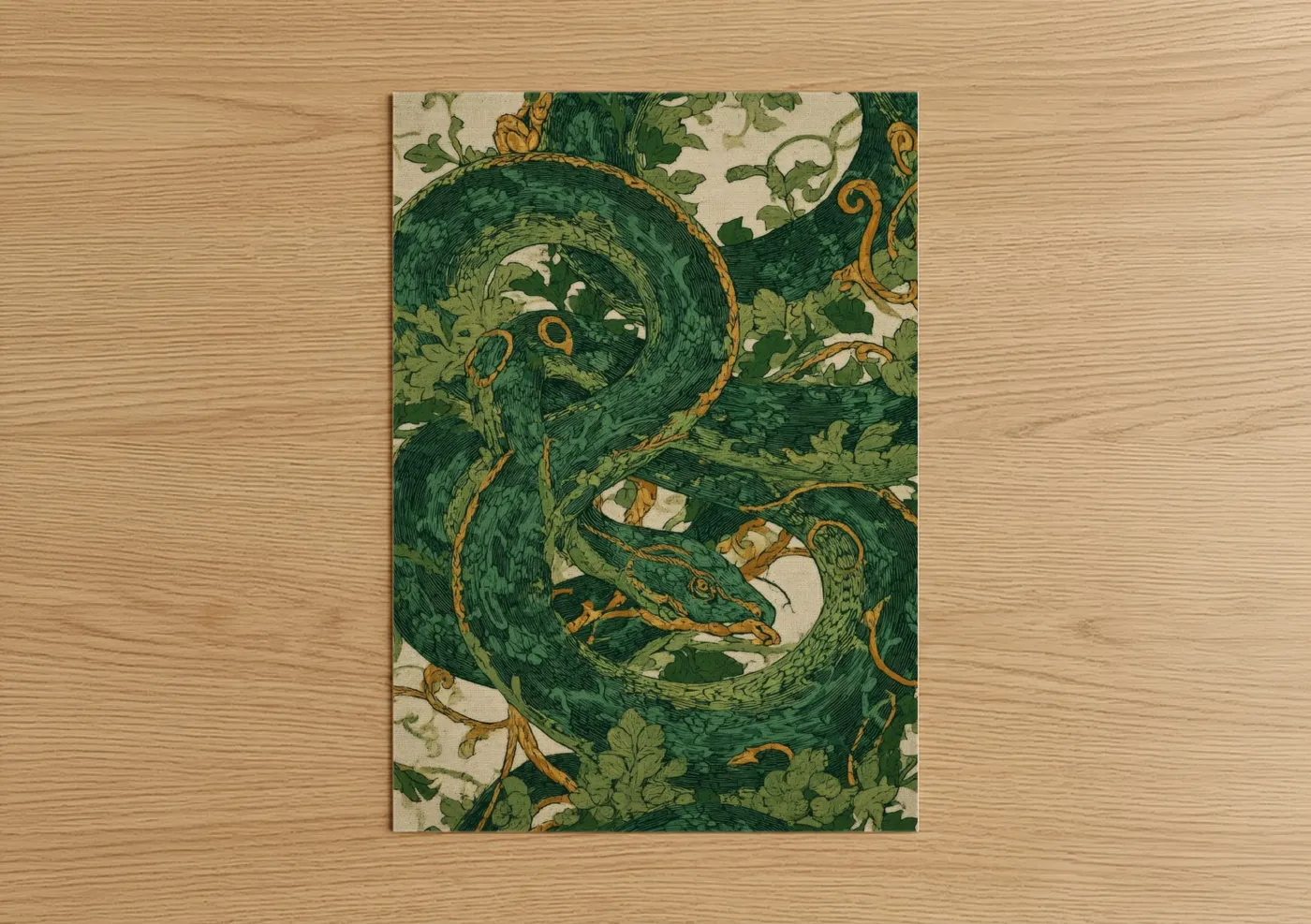 Art print on warm oak wood — dark green and gold palette — Emerald Viper poster