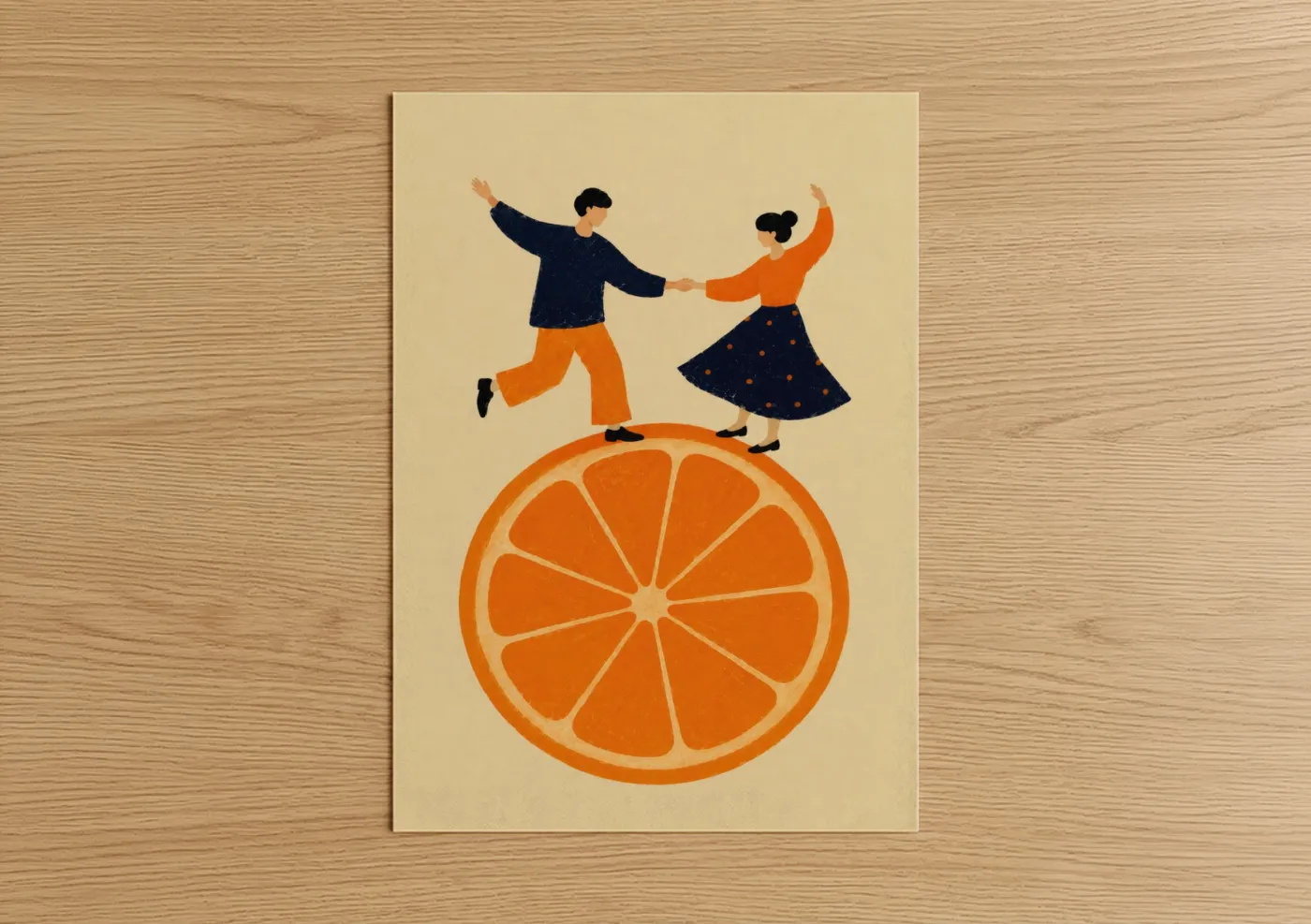 Ballroom dance art print on warm oak wood — orange and beige palette — Dancing Couple Orange Slice Wall Art poster