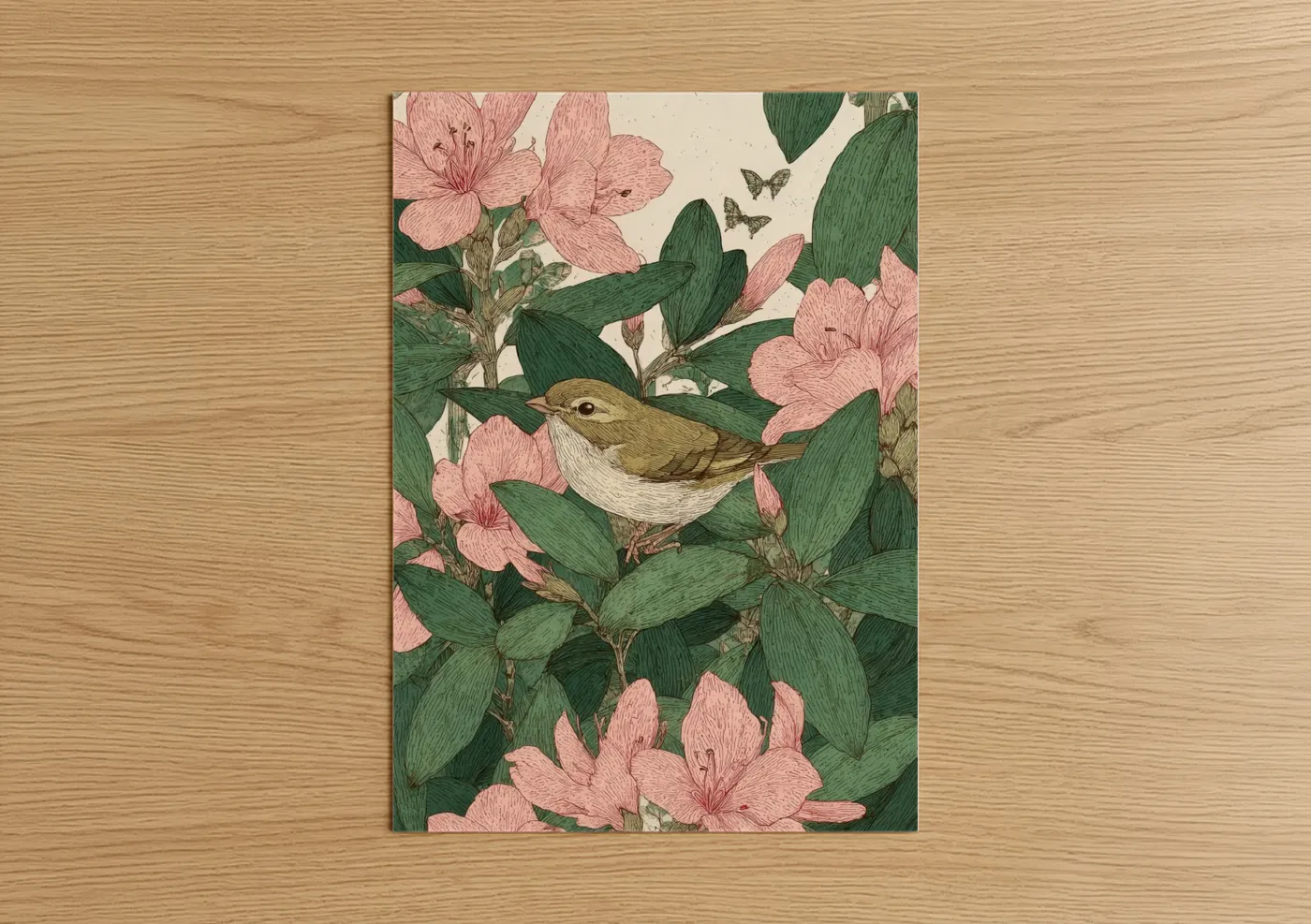 Art print on warm oak wood — pink and dark green palette — Warbler Among Rhododendrons poster