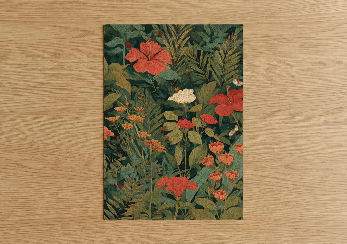 Art print on warm oak wood — dark green palette — Tropical Hibiscus Garden poster