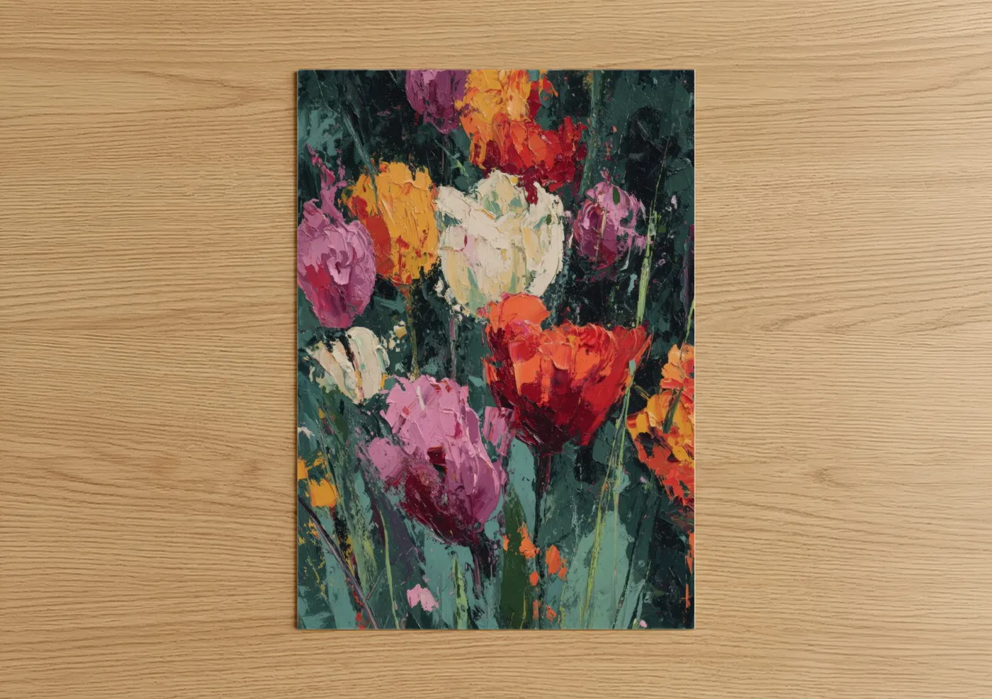 Art print on warm oak wood — magenta and dark green palette — Vibrant Tulip Garden poster