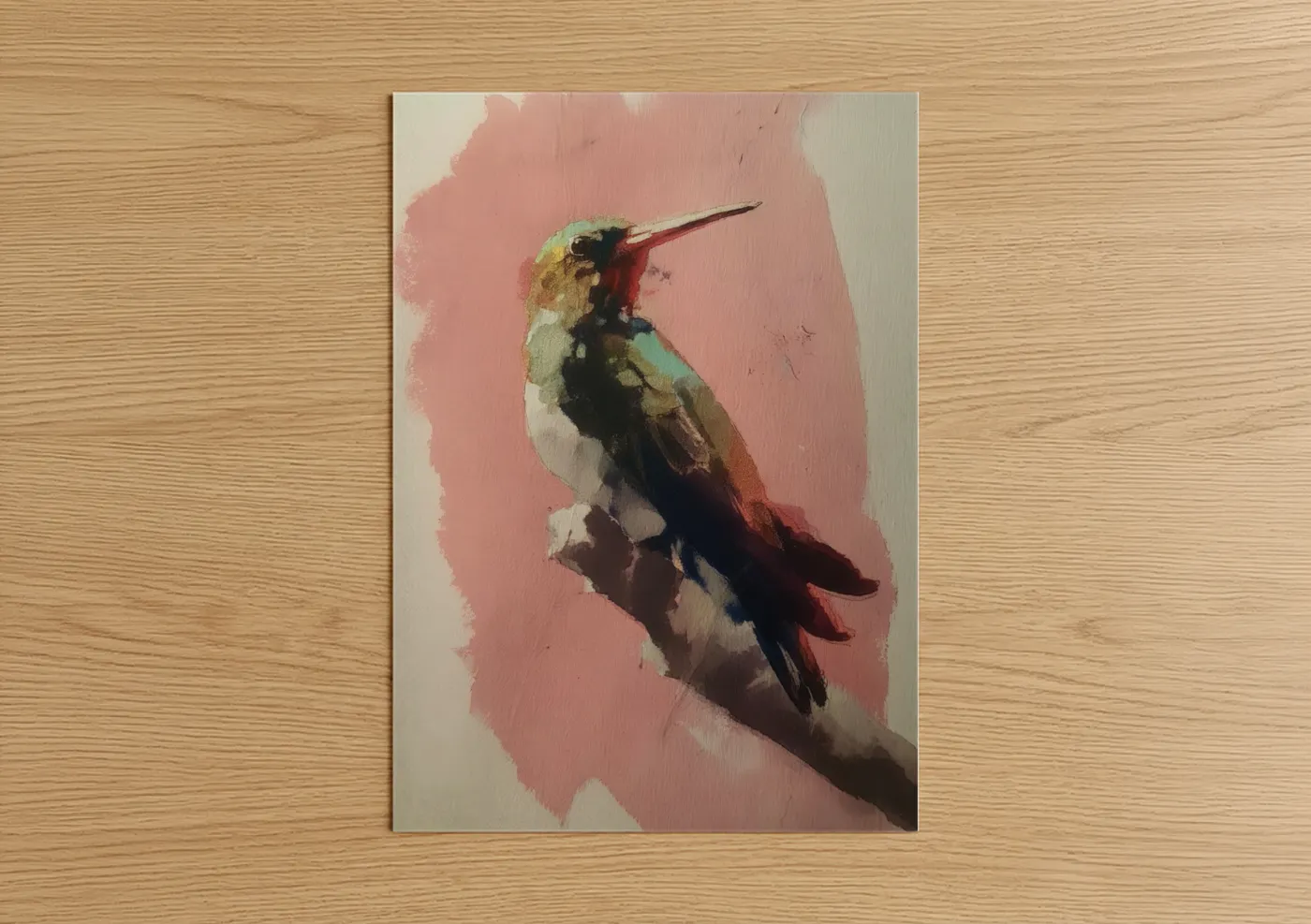 Art print on warm oak wood — salmon pink and gold palette — Crimson Hummingbird poster