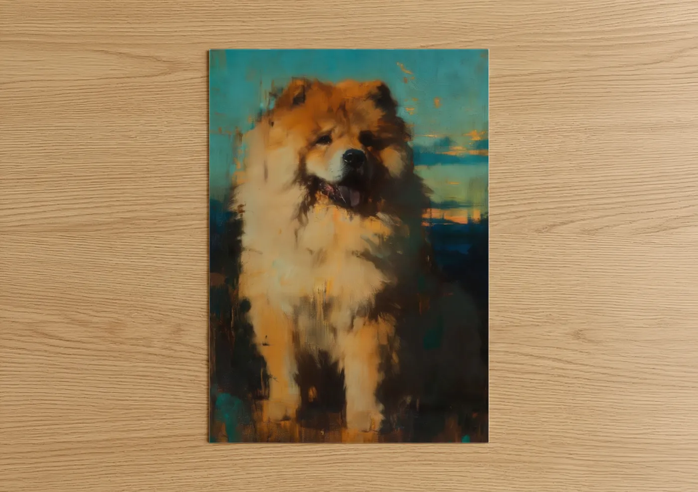 Art print on warm oak wood — teal and gold palette — Golden Spitz Portrait poster