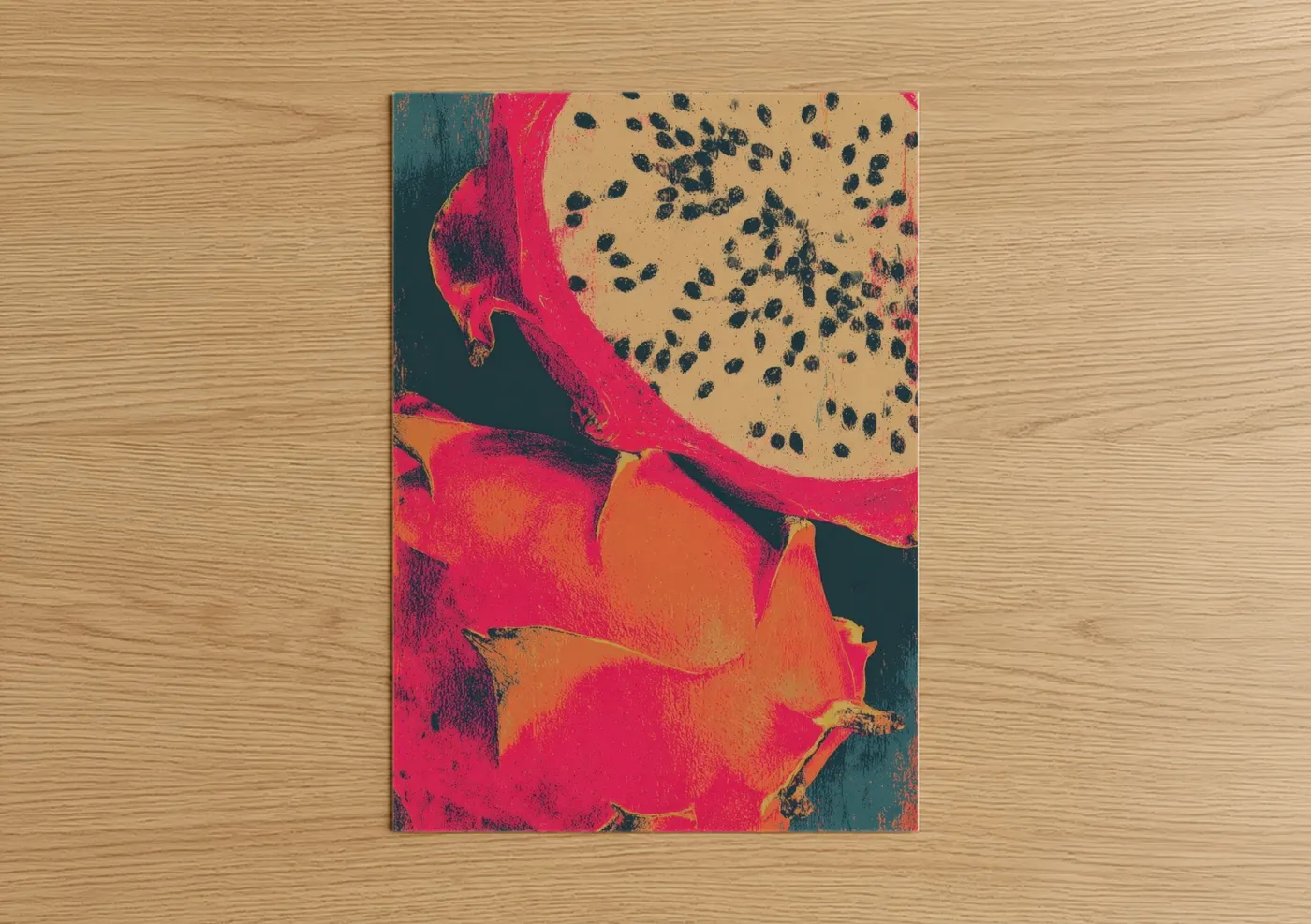 Art print on warm oak wood — magenta and orange palette — Dragon Fruit Vibrant poster