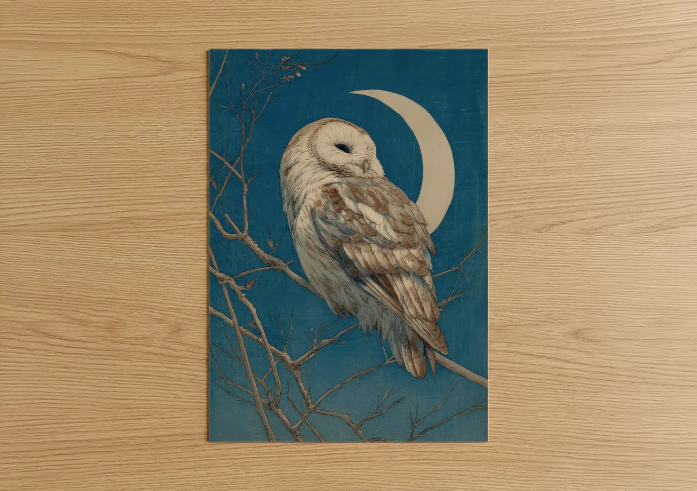 Art print on warm oak wood — teal and cream palette — Moonlit Barn Owl poster