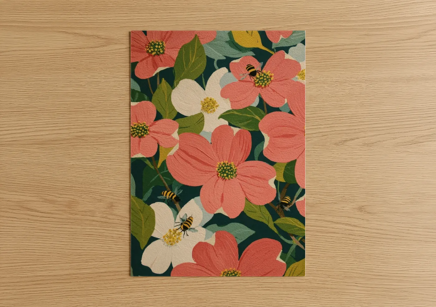 Coral Dogwood Flowers with Bees Wall Art