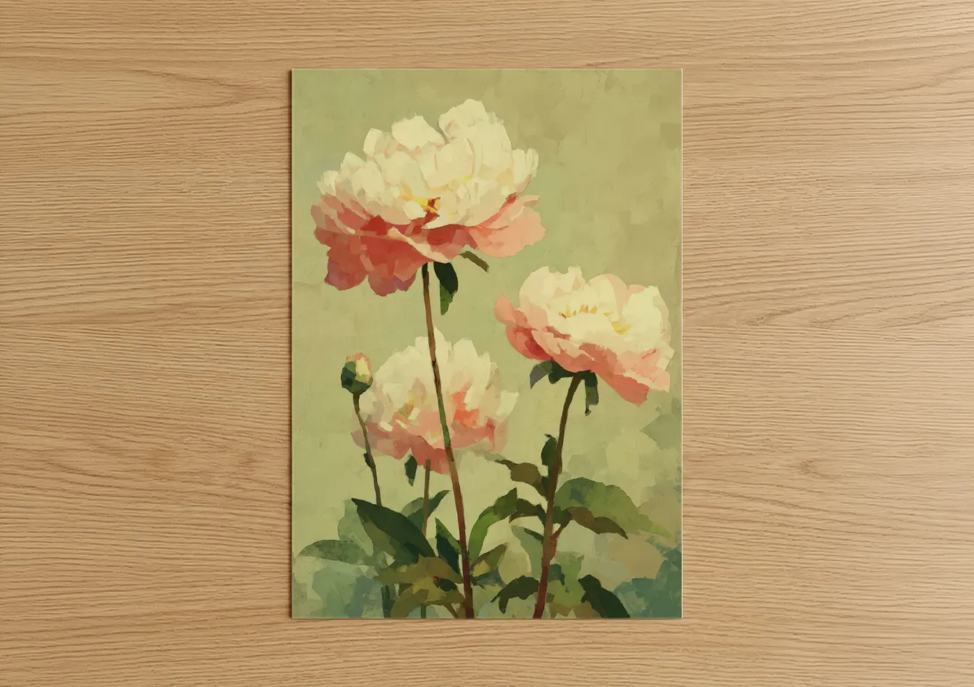 Art print on warm oak wood — cream and salmon pink palette — Cream Peony Trio poster