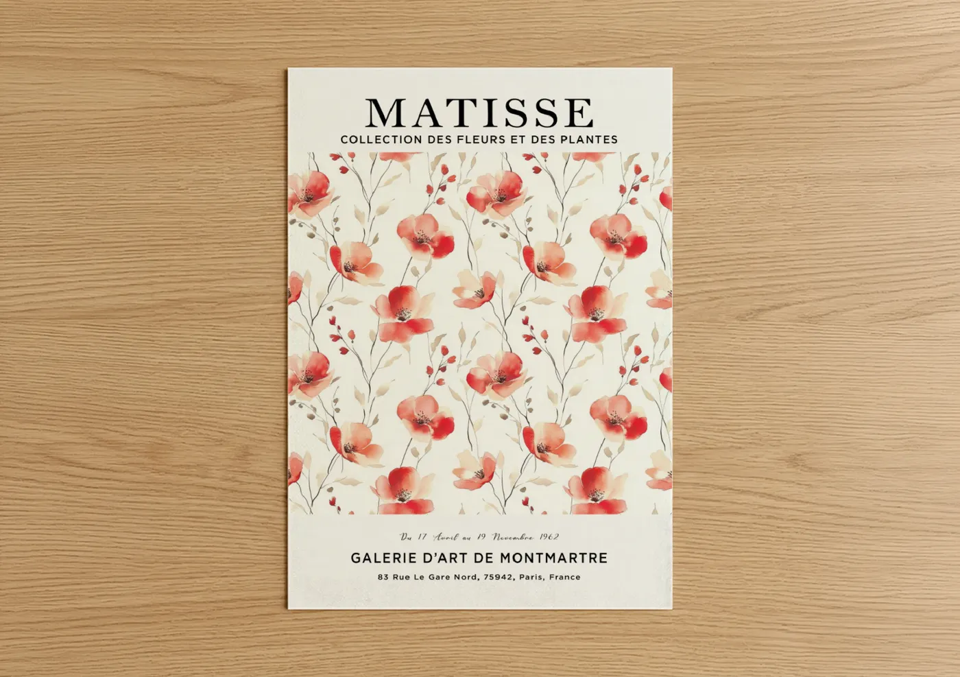 Abstract flower art print on warm oak wood — salmon pink and cream palette — Matisse Poppies poster