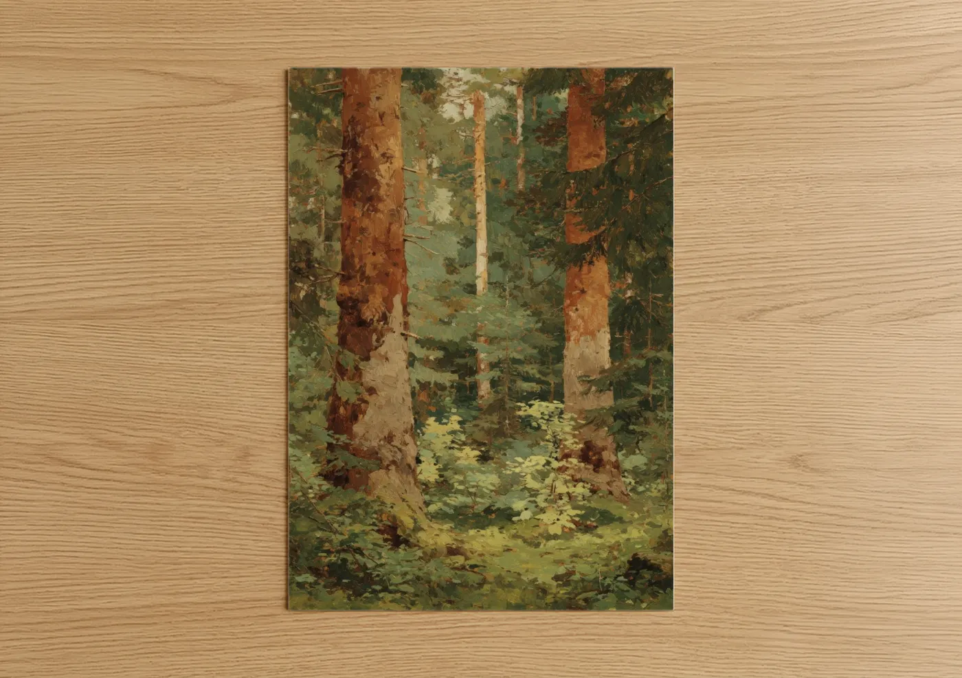 Art print on warm oak wood — green and russet palette — Cedar Forest Sanctuary poster