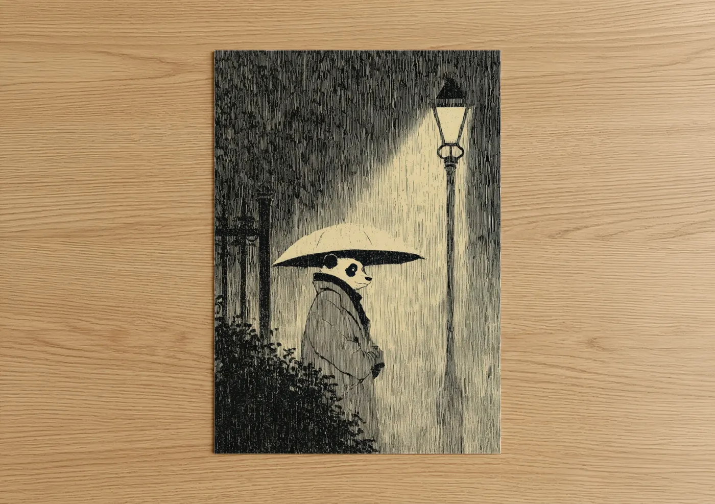 Rainy Night Panda Woodblock Wall Art