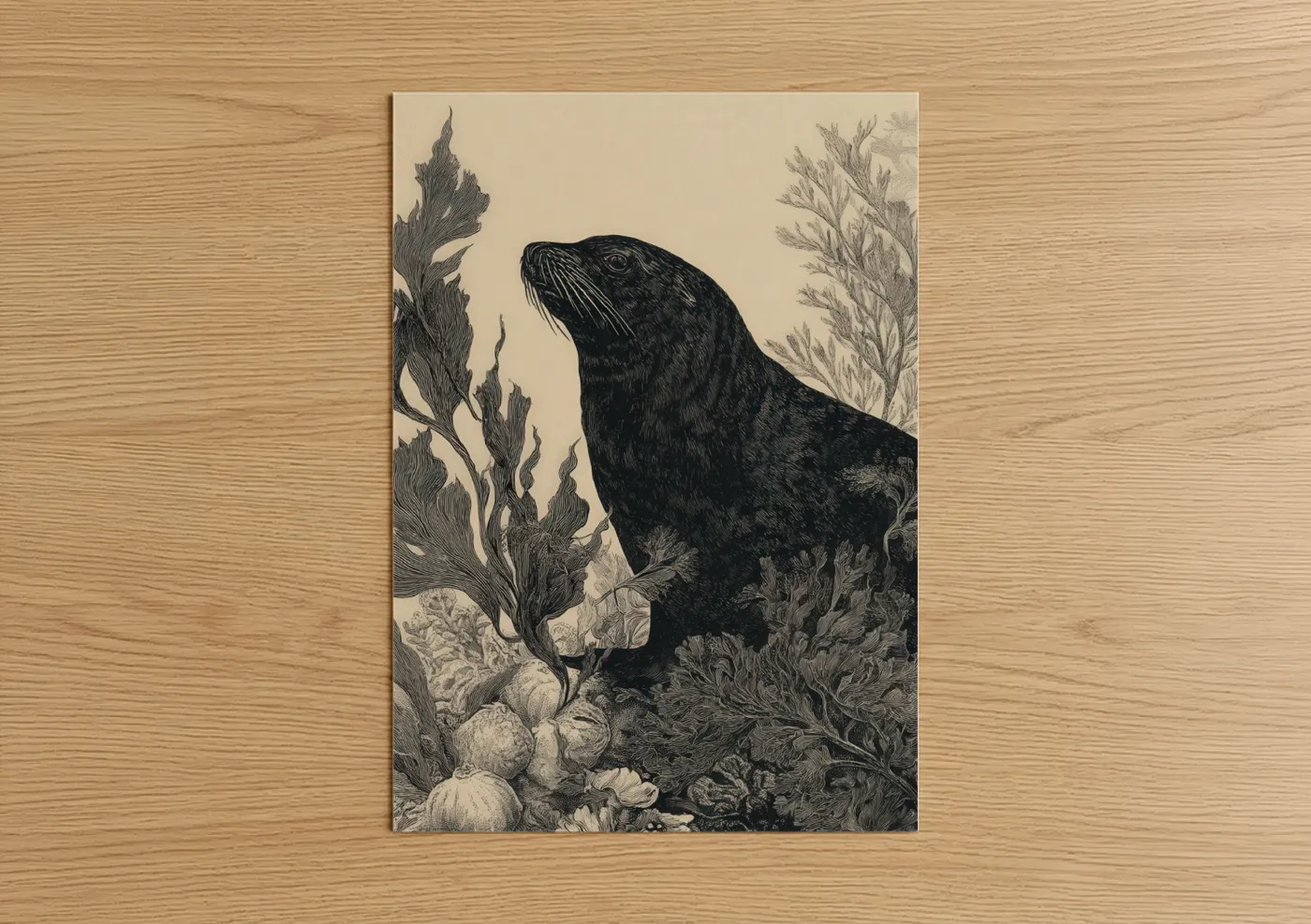 Art print on warm oak wood — black and cream palette — Kelp Forest Sea Lion poster