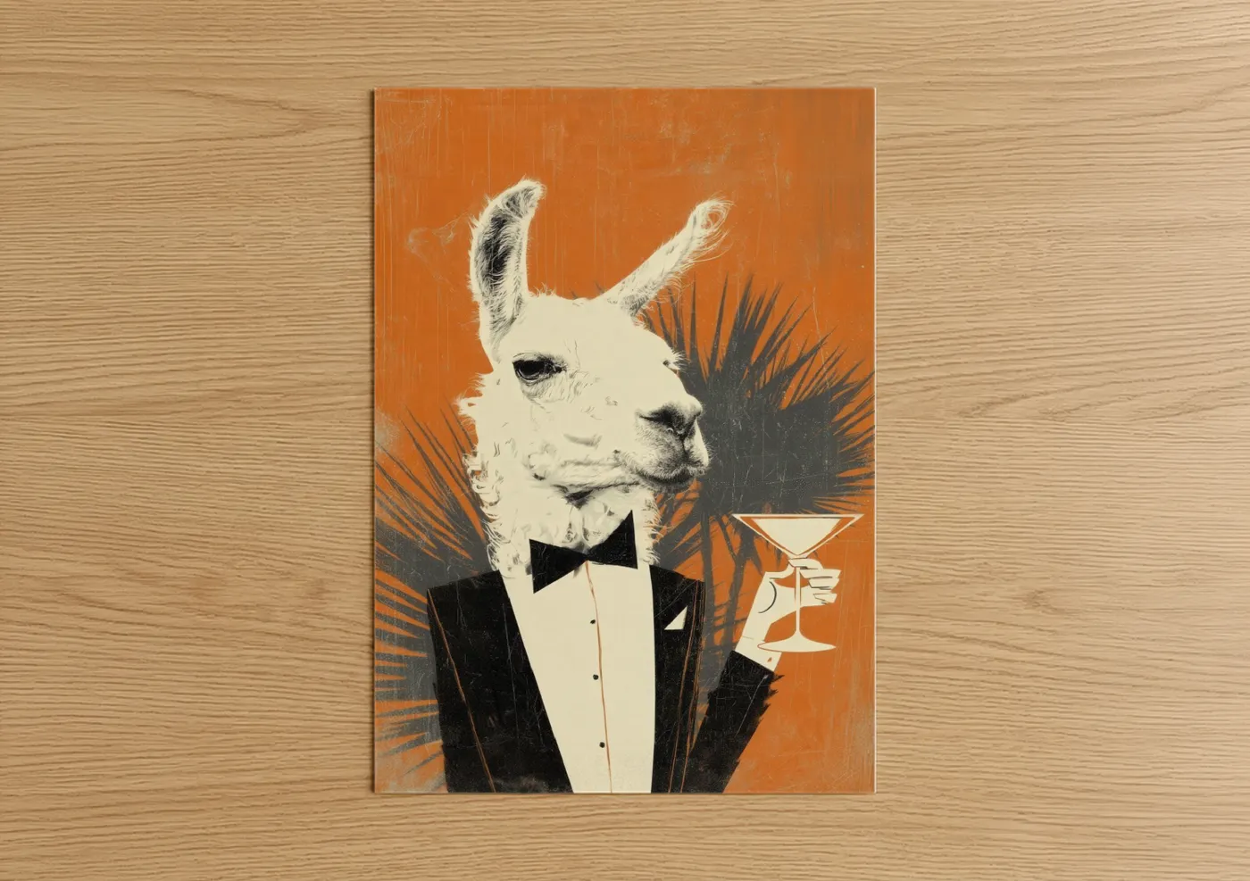 Art print on warm oak wood — orange and black and white palette — Dapper Llama poster