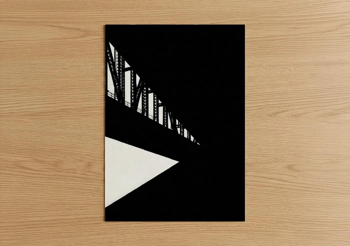 Bridges art print on warm oak wood — black and white palette — Geometric Bridge Study poster