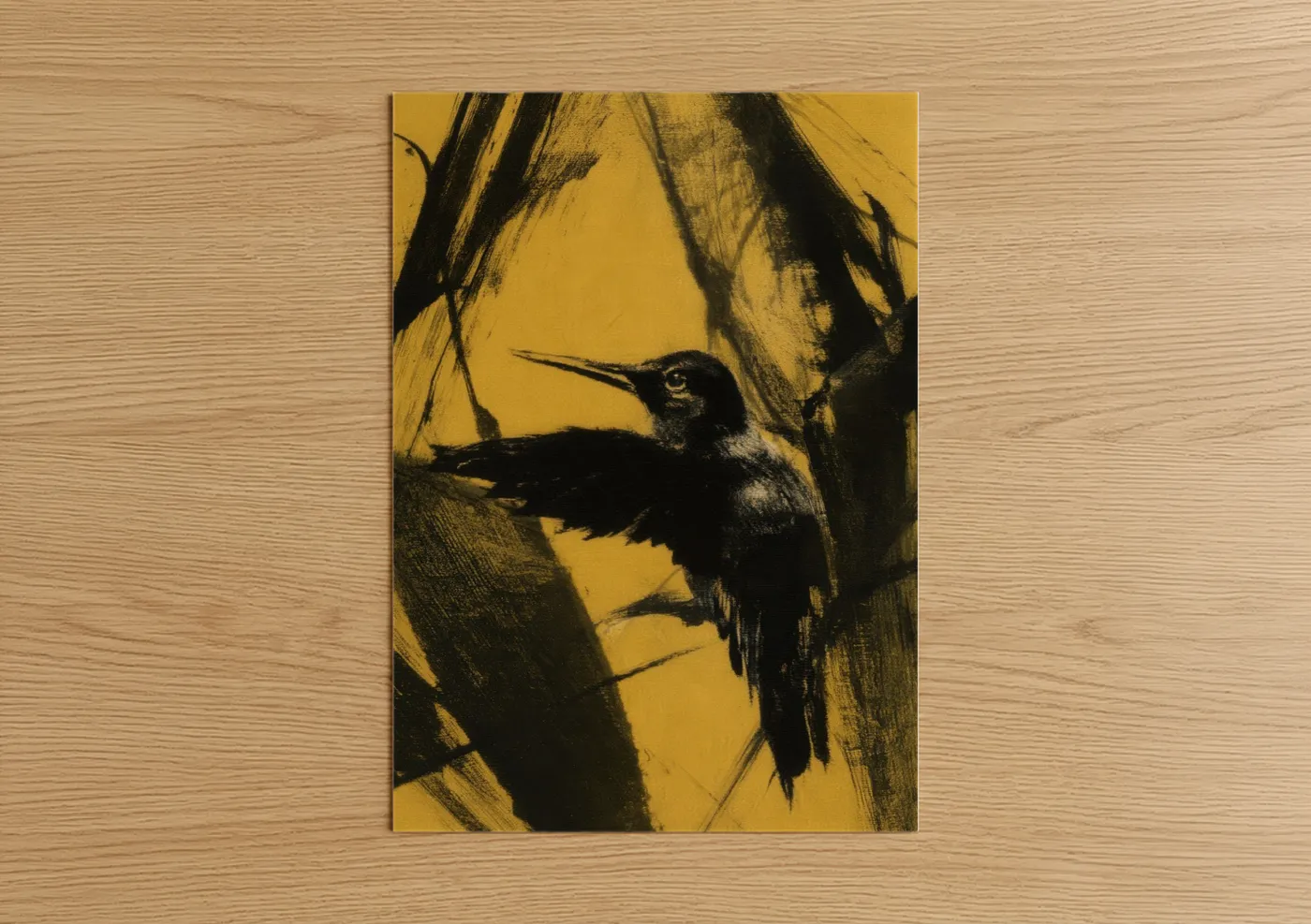 Art print on warm oak wood — yellow gold and black palette — Golden Hummingbird poster