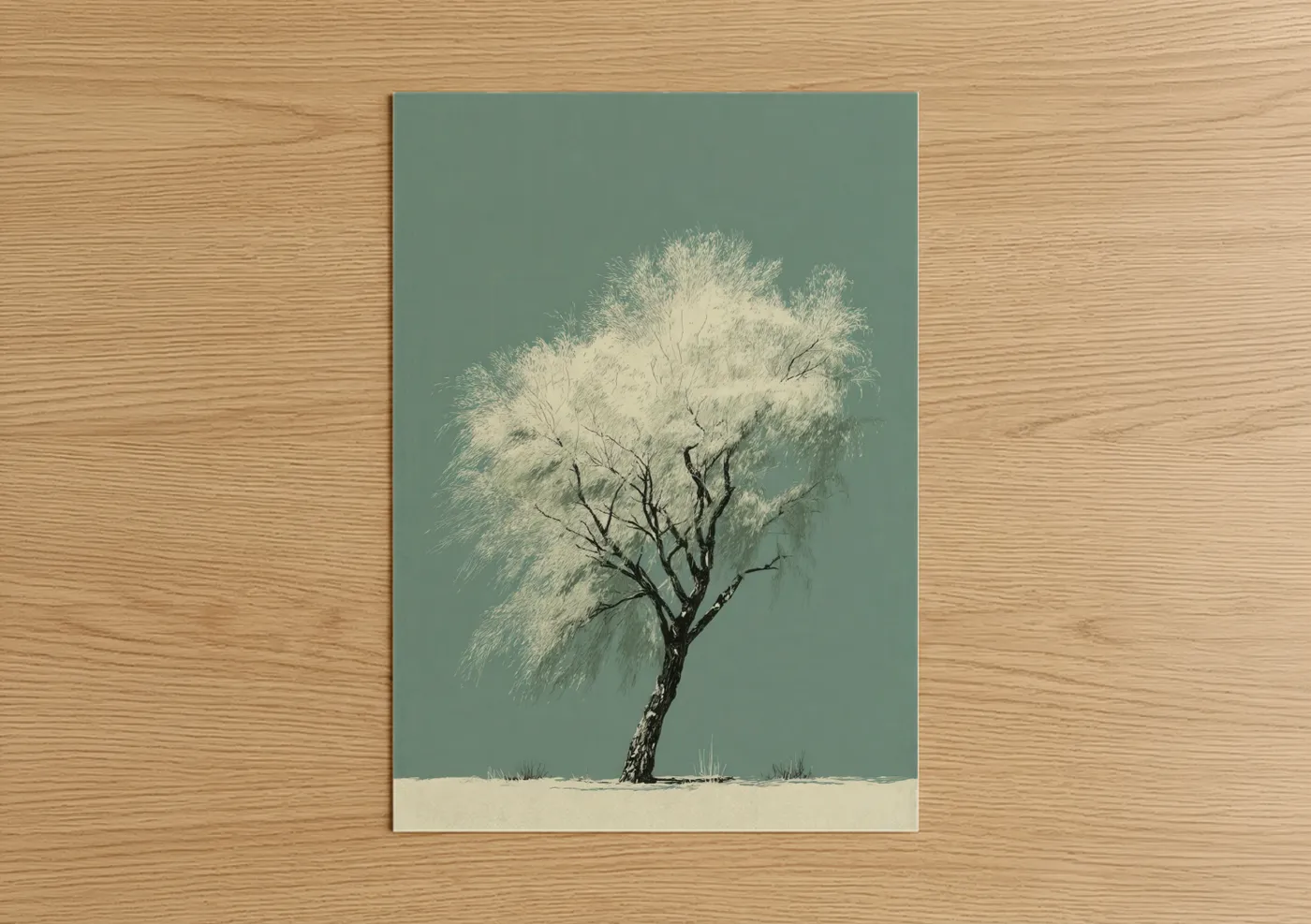 Willow tree art print on warm oak wood — bermuda gray and cream palette — Windswept Willow poster