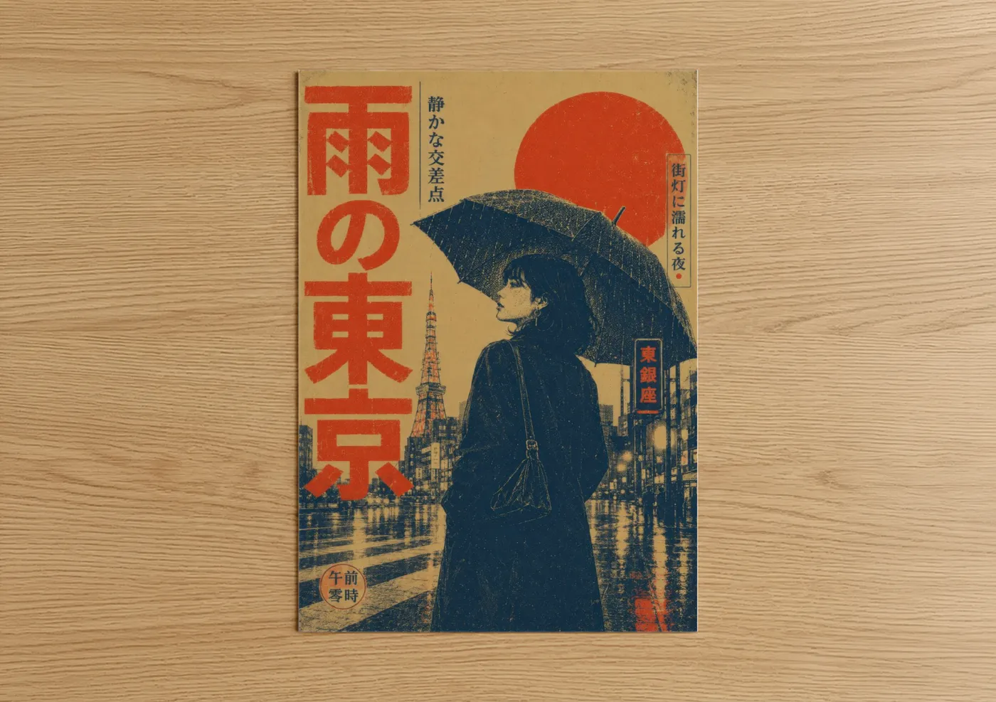 Architecture art print on warm oak wood — red and blue palette — Tokyo Rainy Street Vintage Japanese Wall Art poster