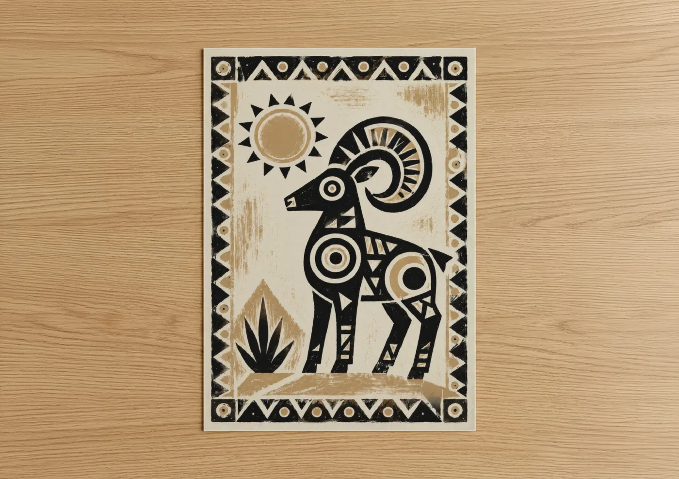 Art print on warm oak wood — black and white and champagne gold palette — Geometric Goat and Sun Wall Art poster