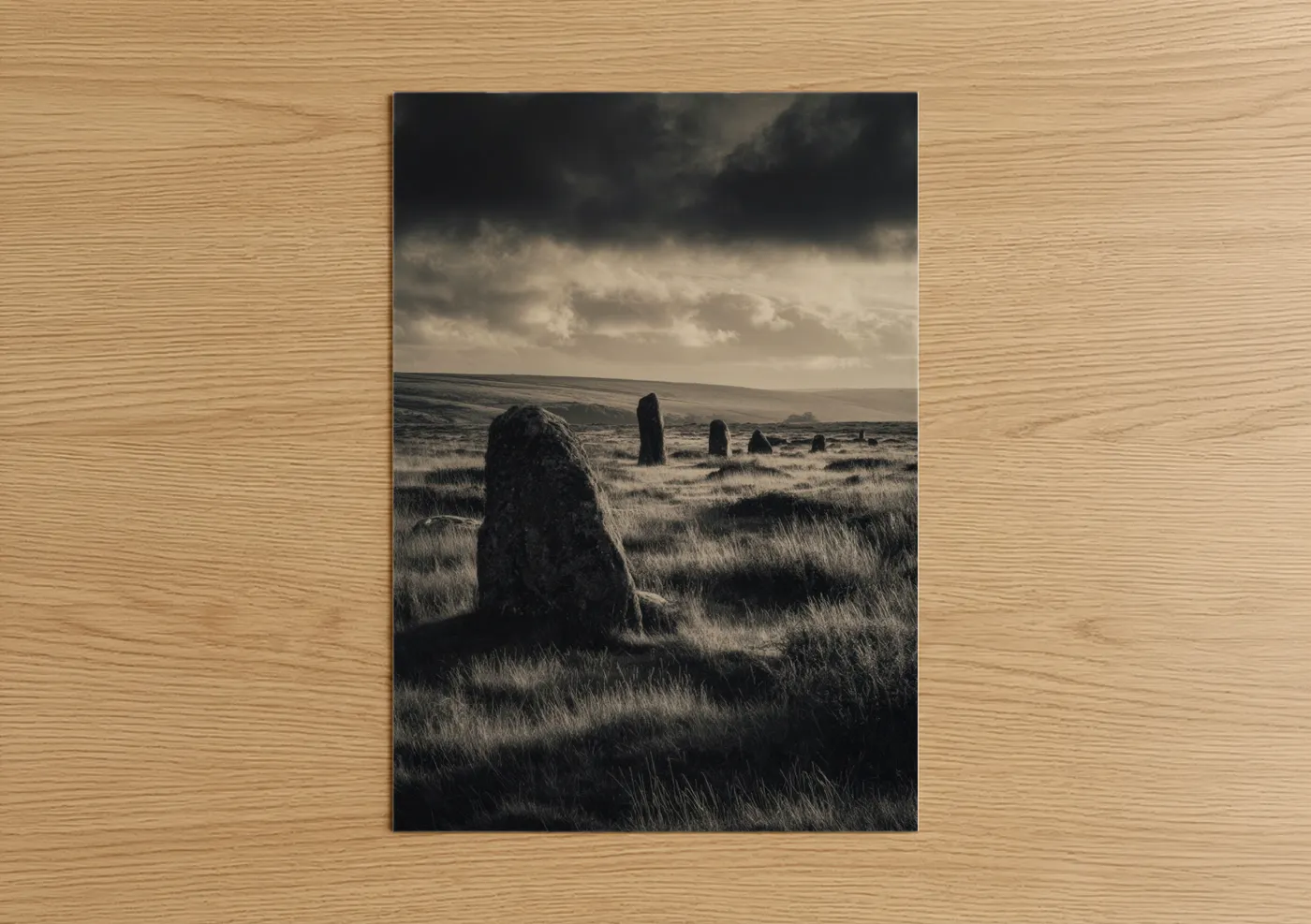 Sunrise art print on warm oak wood — black and white and gold palette — Ancient Stones Dawn poster