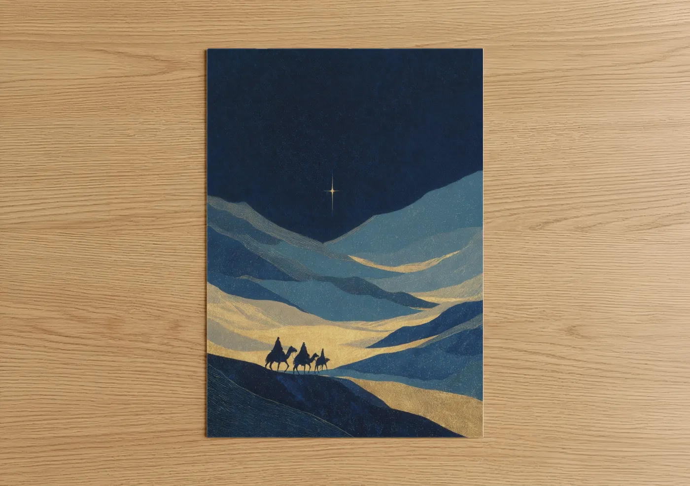Art print on warm oak wood — dark blue and gold palette — Desert Epiphany poster