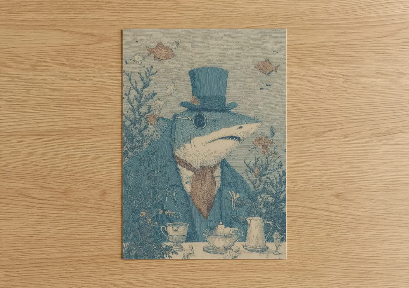Lemon shark art print on warm oak wood — blue and cream palette — Genteel Shark poster