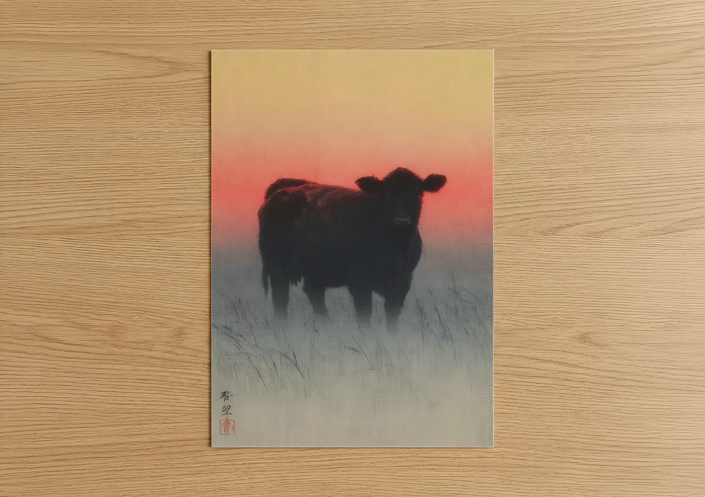 Misty Angus Cow Sunrise Watercolor Wall Art