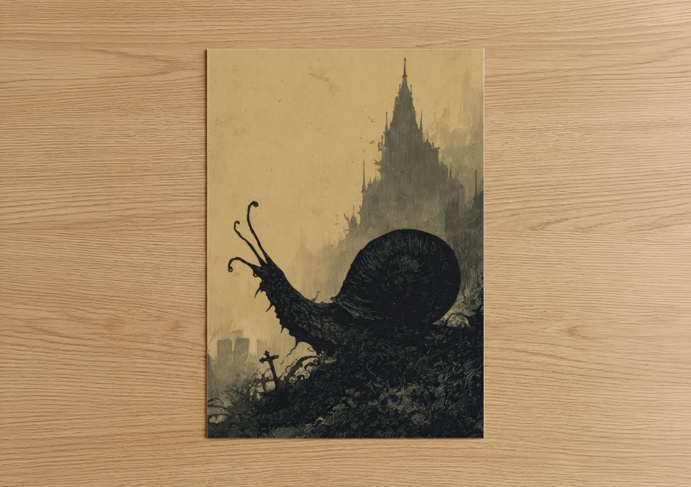 Art print on warm oak wood — black and beige palette — Gothic Snail poster