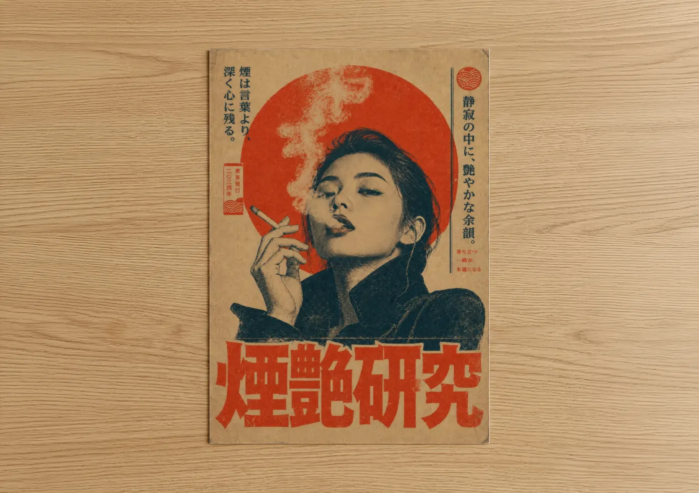 Smoking art print on warm oak wood — red and beige palette — Vintage Japanese Cigarette Advertisement Wall Art poster
