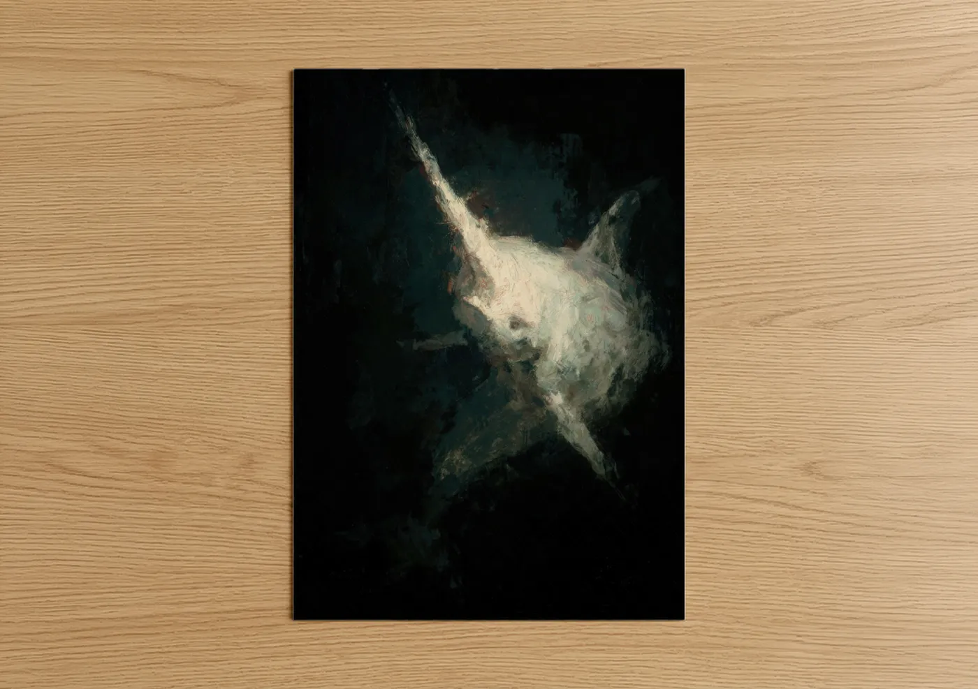 Art print on warm oak wood — dark blue and black palette — Ethereal Narwhal poster