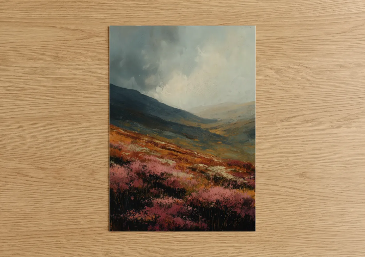 Flower field art print on warm oak wood — rose gold and gray and white palette — Crimson Alpine Meadow poster