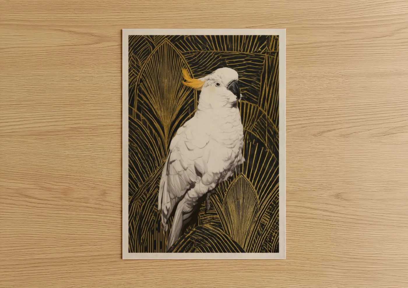 Safari parrots art print on warm oak wood — gold and cream palette — Sulphur Crested Parrot poster