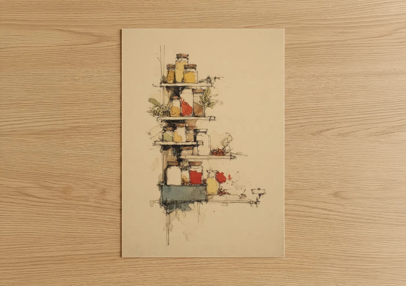 Herbs and spices art print on warm oak wood — cream and gold palette — Pantry Shelf Study poster