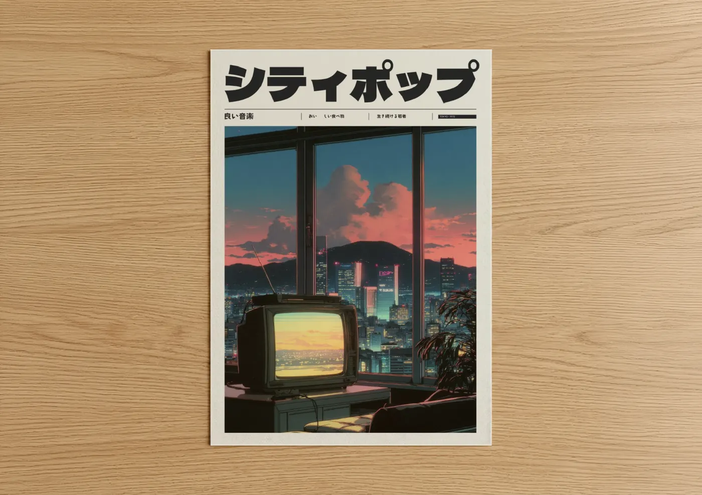 Retro Anime Neon City Sunset Wall Art